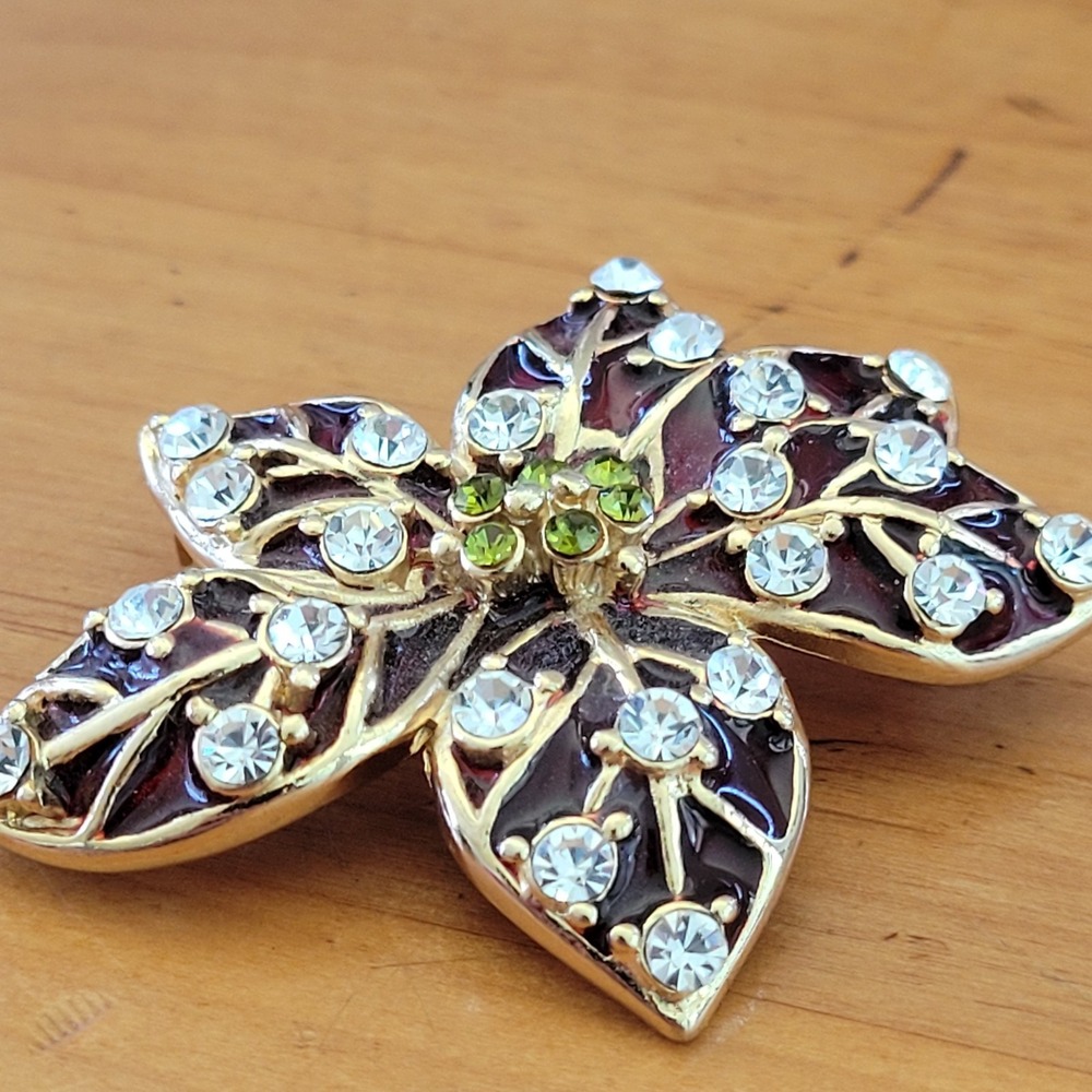 Vintage LC Liz Claiborne Plique A Jour Enamel Rhinestone Poinsettia Pin